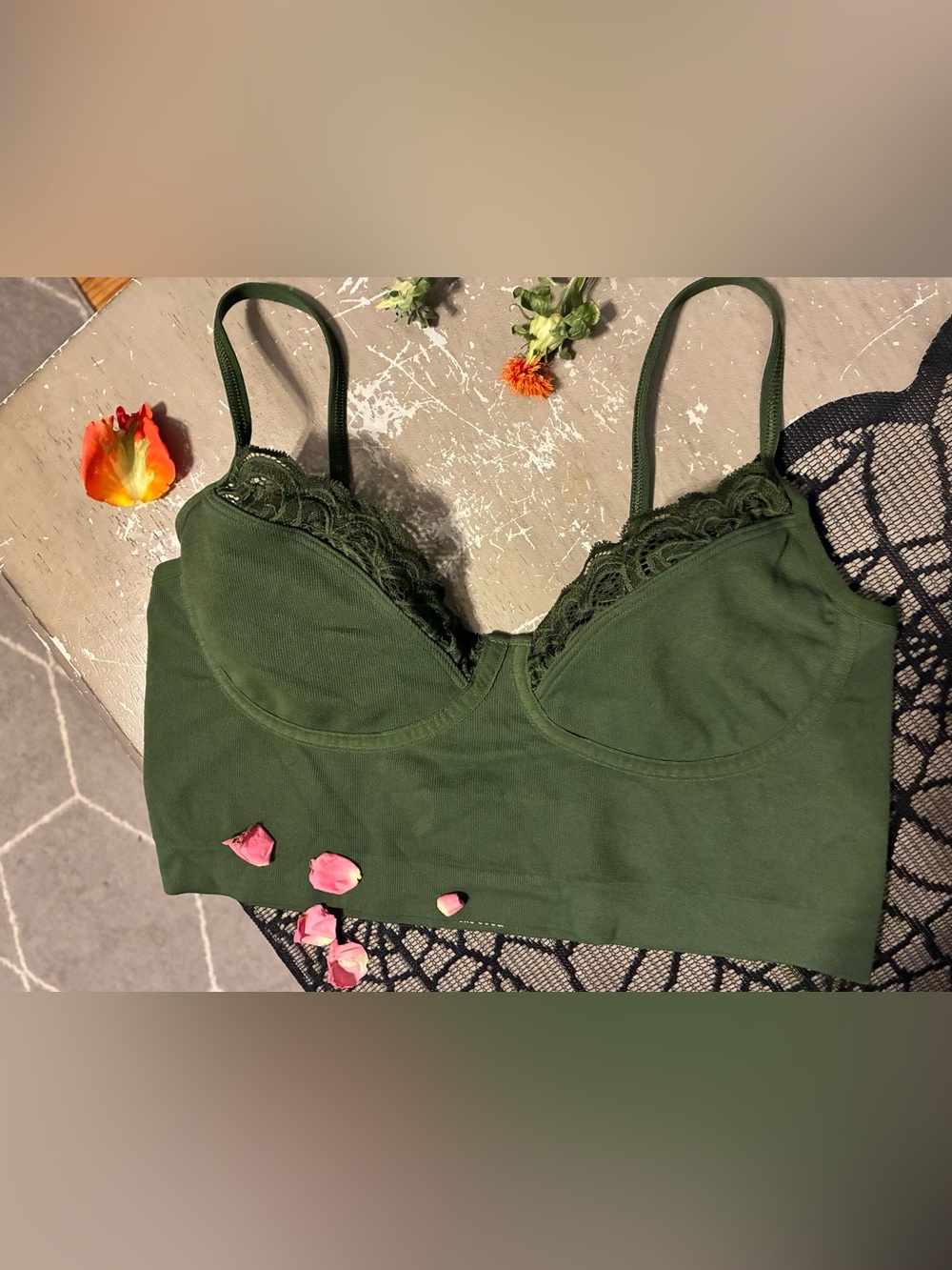 aerie Pine Green Lace-Trim Bralette
